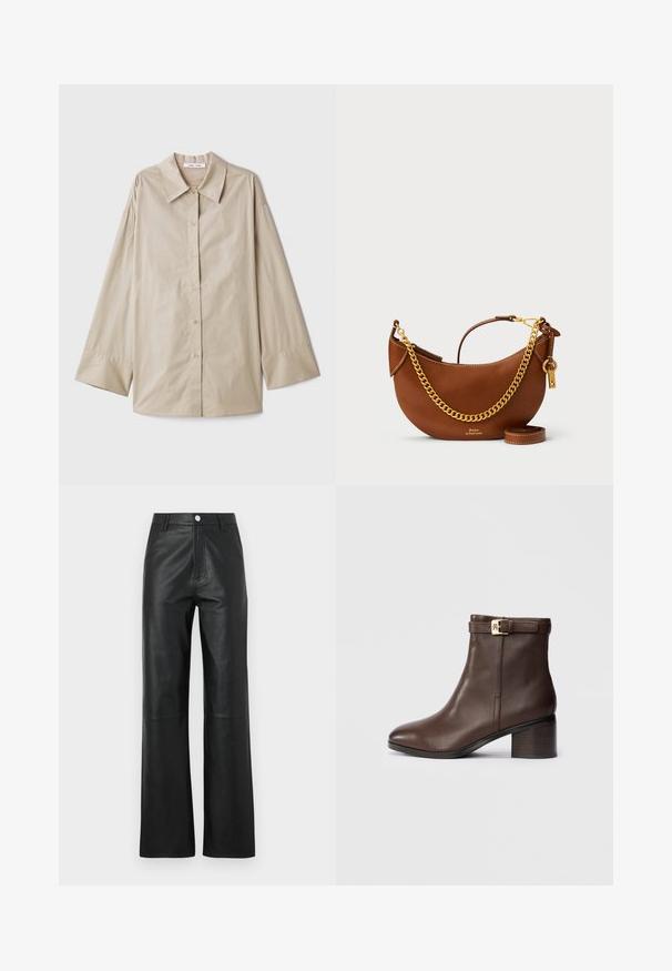 Beige long-sleeve shirt with a large pointed collar, button front, and wide sleeve cuffs. Made from a smooth, lightweight fabric.; Black leather pants with a smooth texture, wide leg design, front button closure, and subtle stitching details.; Brown leather ankle boot with a rounded toe, low block heel, and a decorative buckle strap at the ankle. Smooth texture and sleek design.; Brown leather handbag with a curved design, gold chain strap, interior pocket, and a detachable shoulder strap. Features contrasting stitching.