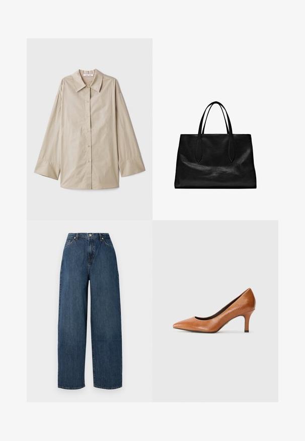 Beige Langarmhemd mit großem spitzen Kragen, Knopfleiste und breiten Ärmelbündchen. Hergestellt aus einem glatten, leichten Stoff.; Weite Denim-Jeans in Dunkelblau. Hergestellt aus robustem Baumwollstoff mit glatter Textur. Verfügt über einen Knopfverschluss und ein klassisches Fünf-Taschen-Design.; Tamaris Pumps - cognac; Schwarze Leder-Tote mit zwei langen Griffen, einer strukturierten Form, glatter Textur und minimalistischem Design. Keine sichtbaren Beschläge oder Akzente.