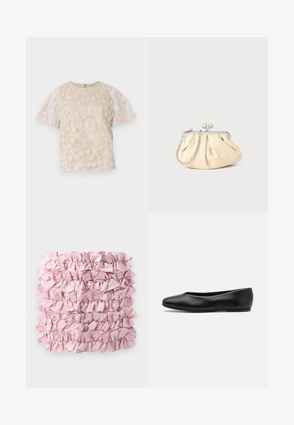 Blouse beige avec broderie florale, manches bouffantes transparentes, encolure ronde et fermeture éclair au dos. Motif floral texturé sur le panneau avant.; Tissu froncé rose présentant plusieurs couches d'une texture douce et satinée avec des bords froncés. Forme rectangulaire avec une couleur riche et uniforme.; Paul Smith TOPANGA - Ballerines - black; Pochette en cuir beige plissé avec un cadre en métal argenté, dotée de deux fermoirs ronds décoratifs et d'une chaîne en argent.