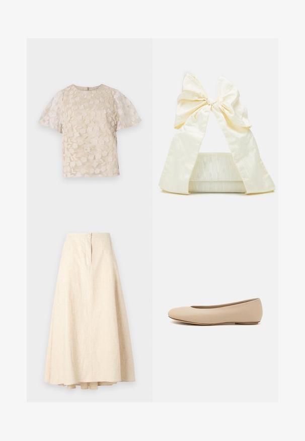 Beige bluse med blomsterbroderi, gennemsigtige puffærmer, rund halsudskæring og lynlåslukning i ryggen. Struktureret blomsterdesign på forpanelet.; Beige linnen midi skirt med en udvidet form, midter søm og en dekorativ knap ved taljen. Glat tekstur og letvægtsstof.; Beige læder balletflade med afrundet tå, minimal sømdetaljering, lav hæl og subtilt logo på bagsiden. Glat, mat tekstur.; Loeffler Randall RAMONA BOW SHOULDER BAG - Håndtasker - cream