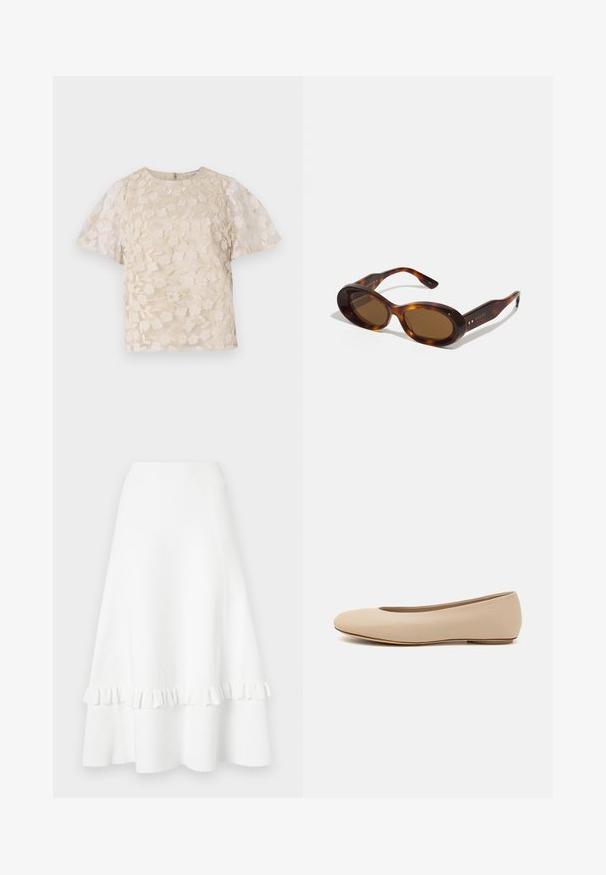 Beige paita, jossa on kukkakirjonta, läpikuultavat puffihihat, pyöreä pääntie ja takana vetoketjusulku. Teksturoitu kukkakuvio etupaneelissa.; Valkoinen levenevä hame, joka on valmistettu teksturoidusta kankaasta. Hameessa on röyhelöhelma ja reikämalli, ja se sisältää sileän vyötärönauhan sekä polvitason leikkauksen.; Beige nahkara ballet flat dengan ujung bulat, detail jahitan minimal, hak rendah, dan logo halus di bagian belakang. Tekstur halus dan matte.; Kilpikonnakuosiset aurinkolasit, joissa on soikeat linssit, ruskea sävy ja kultaiset yksityiskohdat sangoissa. Paksut kehykset, joissa on kiiltävä pinta ja sileä tekstuuri.