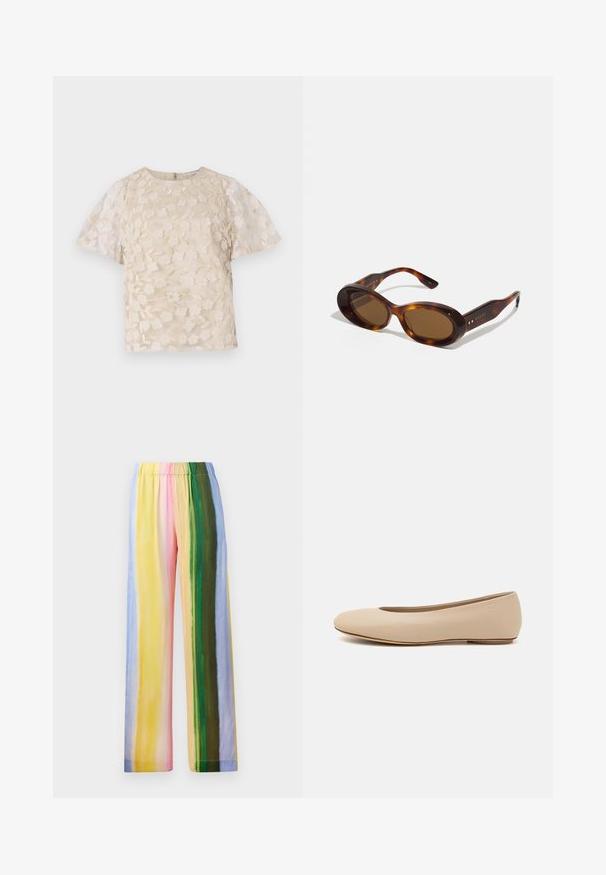 Beige blouse with floral embroidery, sheer puff sleeves, round neckline, and back zipper closure. Textured floral pattern on front panel.; Wide-leg pants with an elastic waistband, featuring vertical stripes in pastel colors: yellow, pink, green, blue, and light purple. Smooth texture.; Beige leather ballet flat with rounded toe, minimal seam detailing, low heel, and subtle logo on the back. Smooth, matte texture.; Tortoiseshell sunglasses with oval lenses, brown tint, and gold accents on the arms. Thick frames with a glossy finish and smooth texture.