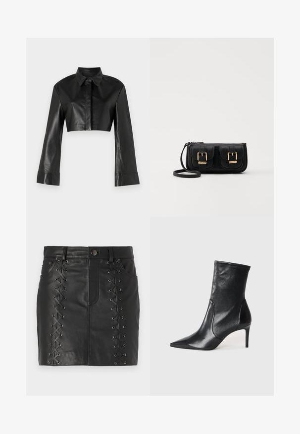 Černá zkrácená kožená bunda s límcem a dlouhými rozšířenými rukávy. Obsahuje přední knoflíkové zapínání a hladkou, lesklou texturu.; Černá kožená mini sukně s šněrováním na bocích a kovovými očky, designem s pěti kapsami a přiléhavým střihem.; Černé kotníkové boty vyrobené z hladké kůže, s špičatou špičkou, těsným svrškem a tenkým vysokým podpatkem. Minimalistický design bez viditelné mechaniky.; Černá kožená crossbody taška se dvěma předními kapsami, zlatými přezkami, zipovým uzávěrem a štíhlým popruhem. Texturovaný povrch a kompaktní obdélníkový tvar.