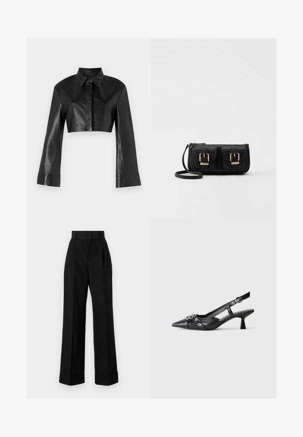 Čierna skrátená kožená bunda s golierom a dlhými rozšírenými rukávmi. Obsahuje predné zapínanie na gombíky a hladkú, lesklú textúru.; Čierne nohavice s vysokým pásom vyrobené z bavlny. Majú široký strih, puky a zvinuté manžety. Hladká textúra, žiadne viditeľné vzory ani kovanie.; Čierne kožené slingback topánky s špicatou špičkou, ozdobnými popruhmi s kovovými očkami a nízkym blokovým podpätkom. Textúrovaný povrch.; Čierna kožená crossbody taška s dvoma prednými vreckami, zlatými sponami, zipsovým uzatváraním a úzkym popruhom. Štruktúrovaný povrch a kompaktný obdĺžnikový tvar.