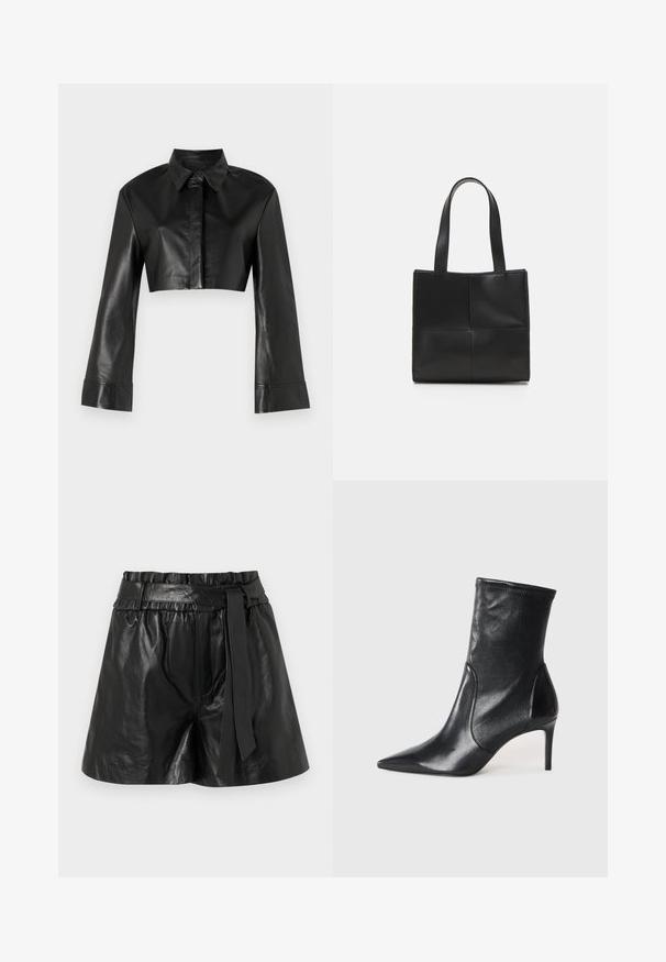 Čierna skrátená kožená bunda s golierom a dlhými rozšírenými rukávmi. Obsahuje predné zapínanie na gombíky a hladkú, lesklú textúru.; Čierne kožené šortky so širokým elastickým pásom, textilným opaskom a hladkou, lesklou textúrou. Majú voľný strih a minimálne detaily.; Čierne kotníkové topánky vyrobené z hladkej kože, s špicatou špičkou, priliehavým zvrškom aúzkym vysokým podpätkom. Minimalistický dizajn bez viditeľného kovania.; Čierna kožená taška na rameno s dvoma uchami, obdĺžnikový tvar, hladká textura a prešívaný panelový dizajn. Bez kovania alebo ďalších akcentov.