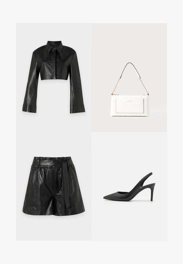 Juodas trumpas odinis švarkas su apykakle ir ilgomis išsiplėtusiomis rankovėmis. Yra priekinis mygtukų užsegimas ir glotnus, blizgus paviršius.; Juodi odiniai šortai su plačiu, elastingu juosmeniu, audiniu surišama dirželiu ir lygiu, blizgiu paviršiumi. Turi laisvą siluetą ir minimalų apdailą.; Juodos odinės šlepetės su aukštu kulnu ir ilgu smailiu nosiu, turinčios išpjovą priekyje ir ploną stiletą.; Balta odinė rankinė su tekstūruotu paviršiumi, turinti auksinį grandinėlės dirželį ir juodas detales. Įskaičiuota priekinė kišenė ir užtrauktuko uždarymas.