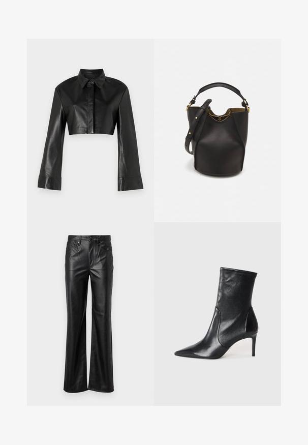 Schwarze, kurz geschnittene Lederjacke mit Kragen und langen, ausgestellten Ärmeln. Sie verfügt über einen vorderen Knopfverschluss und eine glatte, glänzende Textur.; Schwarze Lederhosen mit geradem Bein, ausgestattet mit einem Knopfverschluss, Gürtelschlaufen und frontalen Taschen. Glatte Textur und minimale Details.; Schwarze Stiefeletten aus glattem Leder, mit einer spitzen Zehe, schmalem Schaft und schlanker, hoher Ferse. Minimalistisches Design ohne sichtbare Beschläge.; Schwarze Leder-Eimerhandtasche mit strukturierter Oberfläche, goldenen Hardware-Akzenten und offenem Design. Verfügt über einen kurzen Griff und einen verstellbaren Schultergurt.