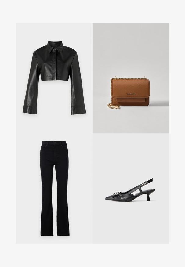 Black cropped leather jacket with a collar and long flared sleeves. Features a front button closure and smooth, shiny texture.; Black flared jeans made of cotton blend fabric. Features a button closure, belt loops, and two front pockets for practical use.; Black leather slingback shoe with a pointed toe, decorative straps featuring metal eyelets, and a low block heel. Textured surface.; Brown textured leather crossbody bag with gold chain strap and flap closure. Front features logo detail and a pocket under the flap.