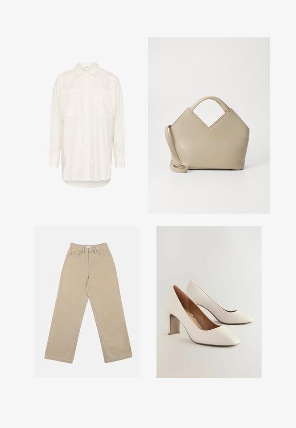 Camicia bianca a maniche lunghe realizzata in cotone, con colletto a camicia, due tasche sul petto, orlo dritto e una vestibilità comoda.; Pantaloni larghi beige in denim, con vita alta, tasche frontali e cuciture a contrasto. Il design include una chiusura con bottone.; Scarpe con tacco alto in pelle bianca con punta affusolata e tacco a blocco spesso. Superficie testurizzata con interno liscio.; Borsa a mano strutturata beige con un'apertura a V, in pelle liscia, manici corti e una lunga tracolla regolabile. Design minimalista.