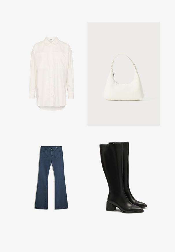 Vit långärmad skjorta i bomull, med button-down krage, två bröstfickor, rak nederkant och en avslappnad passform.; Mörkblå utsvängda jeans i denim med sydda fickor, knappstängning och en slät yta. Har en klassisk femfickedesign.; Svarta knähöga läderstövlar med spetsig tå och kraftig klack. Slät textur, minimal sömnad och en enkel dragkedjedetalj.; Liten vit axelväska med en justerbar rem och dragkedjestängning, placerad mot en enfärgad vit bakgrund.