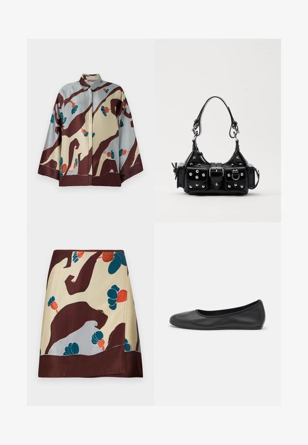 Svila srajca s ovratnikom, ki ima smetanasto in svetlo modro podlago, okrašeno z abstraktnimi rjavimi vzorci in barvitimi cvetličnimi akcenti.; Svilena krila z bež osnovo in abstraktnimi burgundskimi, teal in rdečimi cvetličnimi vzorci; rob ima temno burgundski zaključek.; Črne usnjene balerinke z zaobljenim nosom, gladko teksturo, minimalnimi šivi in fleksibilno zasnovo podplata.; Črna usnjena torbica s ukrivljenim dizajnom, ki vsebuje srebrne žebljičke, zaponko in dve stranski žepki. Nastavljiv trak za različne možnosti nošenja.