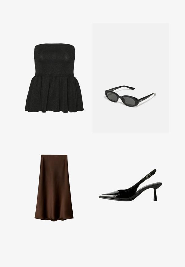 Top peplum noir sans bretelles en tissu tricoté texturé, avec un corsage ajusté et un ourlet évasé doté d'un subtil effet nacré.; Mango Jupe longue - brown; Racine à talon en cuir verni noir avec un nez pointu, des côtés découpés, une bride de cheville ajustable et un talon fin et élégant.; Lunettes de soleil noires avec des verres ovales, monture en plastique brillant et branches fines. Présente le logo Ray-Ban en blanc sur le côté.; Montre rectangulaire en or rose avec un bracelet métallique, ornée de pierres précieuses sur la lunette, et un cadran blanc avec des marqueurs et des aiguilles noirs.