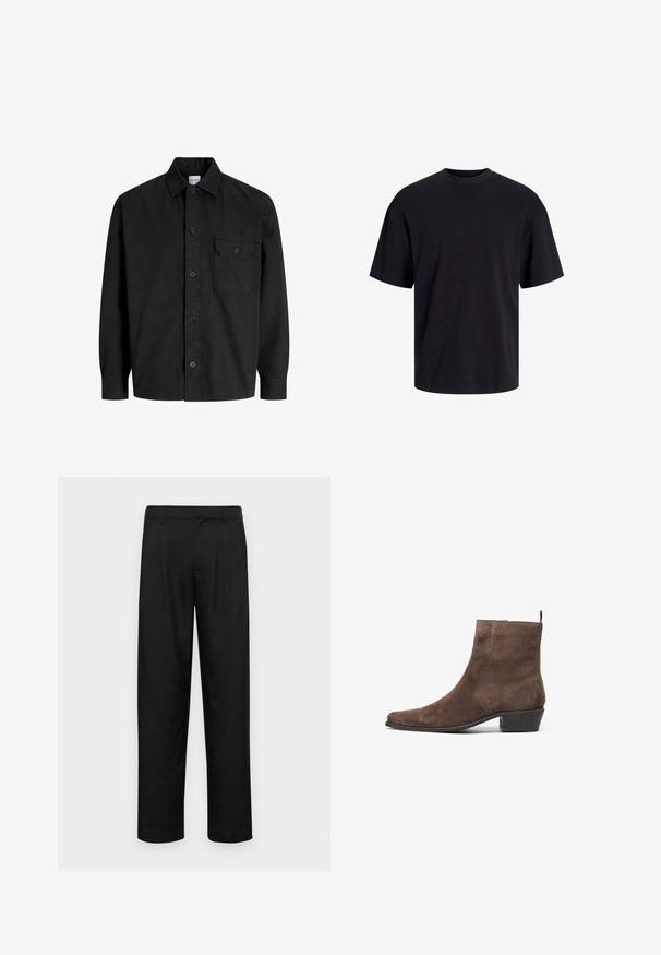 Svart langermet skjorte med knapper, krage og en enkelt brystlomme med en knappelukking på klaffen.; Svart bomull t-skjorte med rund hals, korte ermer og en avslappet passform. Glatt tekstur uten synlige mønstre eller detaljer.; Sorte bukser laget av glatt stoff, med rette ben, to frontfoldninger og standard liv med beltehemper.; Brune semsket ankelstøvel med spiss tå, lav blokkheel, og en pull-loop bak for enkel påkledning. Glatt tekstur og enkelt design.