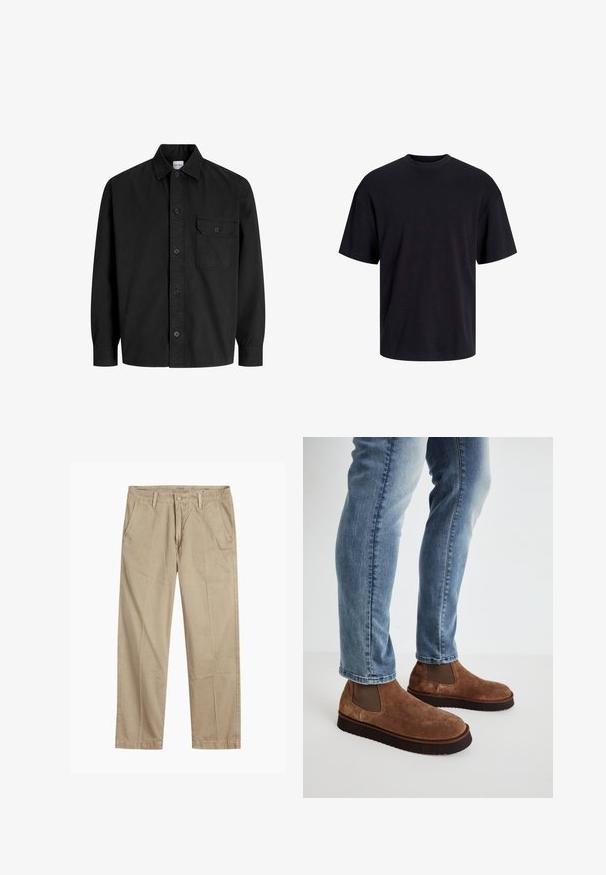 Zwarte langarmknopenoverhemd met kraag en één borstzak met een geknoopte flap.; Zwarte katoenen t-shirt met een ronde halslijn, korte mouwen en een relaxte pasvorm. Glad textuur en geen zichtbare patronen of accenten.; Beige rechte pijpen chinos met riemlussen, voorkant met knoop en rits sluiting, en schuine voorzakken.; Bruine suède enkellaarsjes met elastische zijpanelen, dikke zwarte rubberen zolen, gedragen met lichtblauwe slim-fit jeans.