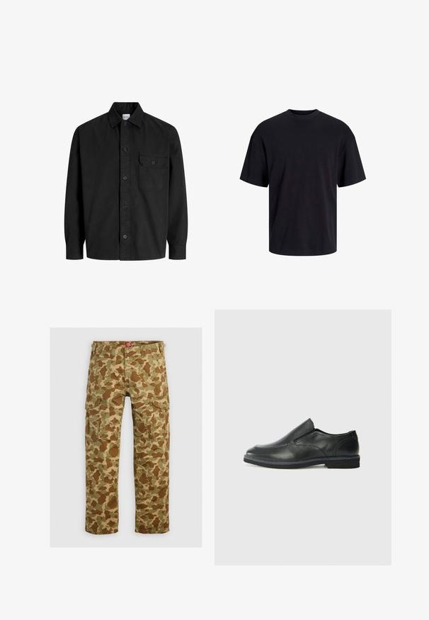 Černá košile s dlouhým rukávem a knoflíkovým zapínáním, s límečkem a jednou náprsní kapsou, která má knoflíkový klapku.; Černé bavlněné tričko s kulatým výstřihem, krátkými rukávy a volným střihem. Hladká textura a žádné viditelné vzory ani akcenty.; Kárové cargo kalhoty v různých odstínech zelené a hnědé, s několika kapsami a volným střihem, vyrobené z odolné tkaniny.; Černá kožená nazouvací bota s hladkým svrškem, prošívanými detaily, zaoblenou špičkou a nízkým gumovým podpatkem. Podešev má minimální vzorek.