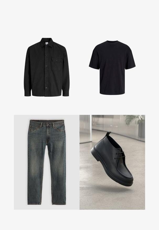 Zwarte langarmknopenoverhemd met kraag en één borstzak met een geknoopte flap.; Zwarte katoenen t-shirt met een ronde halslijn, korte mouwen en een relaxte pasvorm. Glad textuur en geen zichtbare patronen of accenten.; Blauwe denim jeans met een rechte pijpontwerp, voorzien van een klassieke vijf-pocket stijl, stikselaccenten en een licht vervaagde afwerking.; Zwarte lederen schoen met een gladde textuur, ronde neus en vetersluiting; beschikt over een lage zool en een lus aan de achterkant.