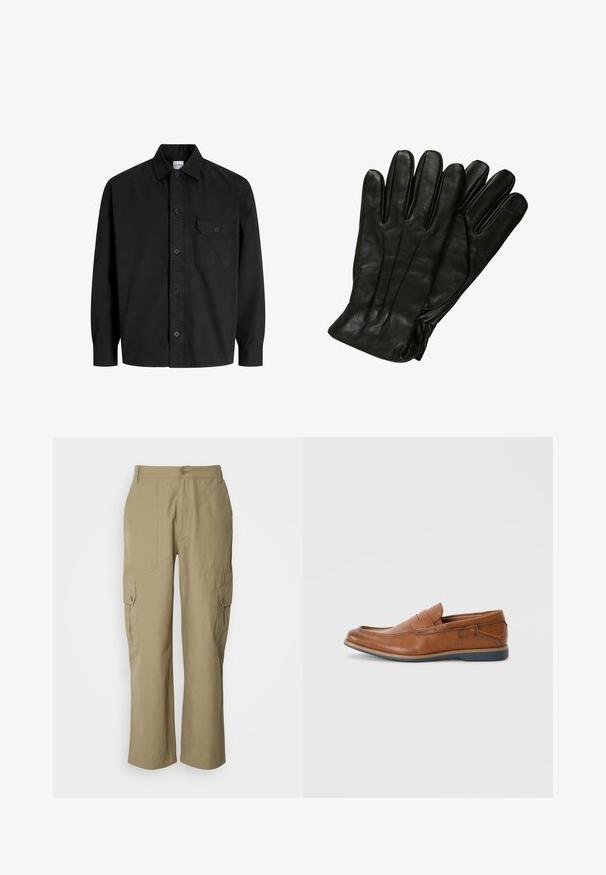 Crna košulja dugih rukava s gumbima, ovratnikom i jednim džepom na prsima s preklopom na gumbu.; Bež cargo hlače od lagane tkanine, s dvije bočne džepove, zatvaranjem na gumb i ravnim nogavicama.; Smeđe kožne mokasine s okruglim vrhom, šivanim detaljima i niskim gumenim potplatom. Dizajn sadrži trakicu preko gornjeg dijela.; Crne kožne rukavice glatke teksture, s pet prstiju i suptilnim detaljima šivanja. Klasičan dizajn, pogodan za upotrebu u hladnom vremenu.