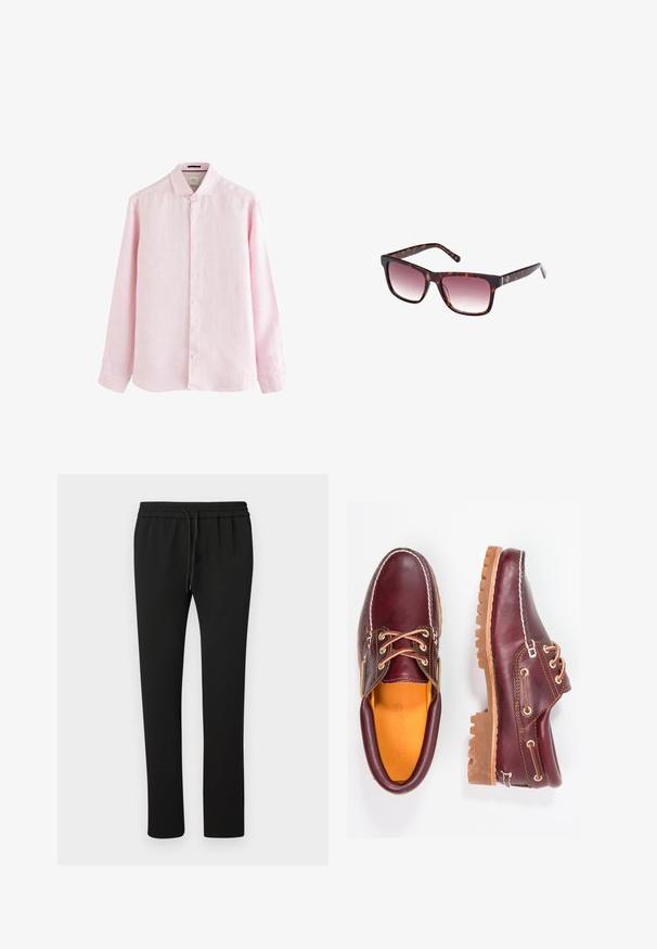 Světle růžová košile s dlouhým rukávem vyrobená z lnu, má límec s knoflíky, přední légu s bílými knoflíky a mírně zakřivený lem.; Černé joggingové kalhoty s elastickým pasem a šňůrkou. Vyrobené z měkké tkaniny, s tapered střih a minimálními detaily.; Burgundské kožené boty s hnědými gumovými podrážkami, kulatou špičkou, bílým prošíváním a zlatými očky. Interiér obsahuje žlutou podšívku.; Sluneční brýle s želvovinovým vzorem, obdélníkovým rámem, gradientovými skly a silnými stranami s jemným detailem loga. Hladký povrch, moderní design.