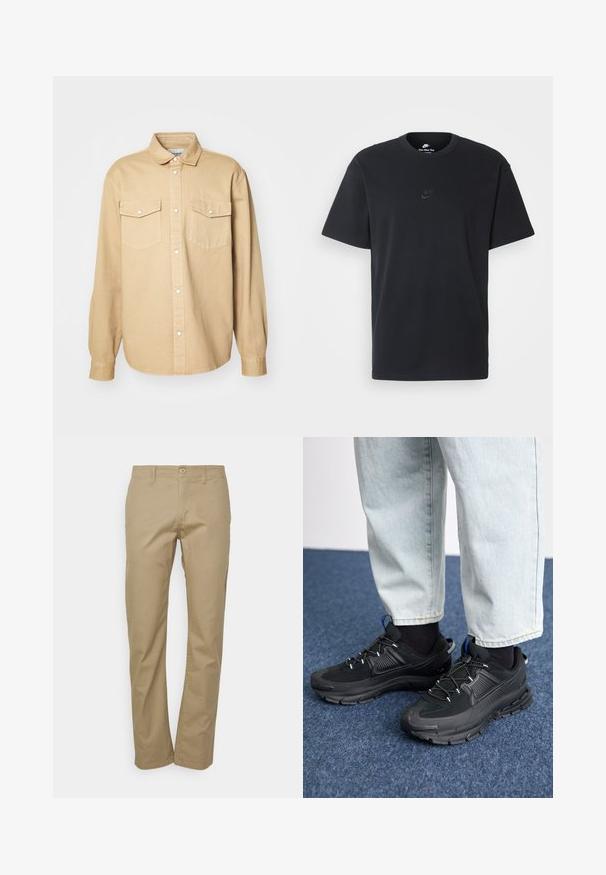 Beige pogājusies krekliņš, izgatavots no kokvilnas, ar klasisku apkakli, divām krūšu kabatām un garām piedurknēm ar pogājamiem aproces galiem.; Nike melns kokvilnas T-krekls ar klasisku piegriezumu, īsām piedurknēm un smalku, reljefu logotipu uz krūškurvja. Gluda tekstūra.; Bežīgas chinos bikses ar taisnu kāju dizainu, ar pogu aizdari, jostu cilpām un gludu kokvilnas auduma tekstūru.; Melni sporta apavi ar strukturētu audumu un gumijas zoli, ar elastīgām auklām un zilu akcentu uz papēža. Nēsāti ar gaišām džinsu biksēm.