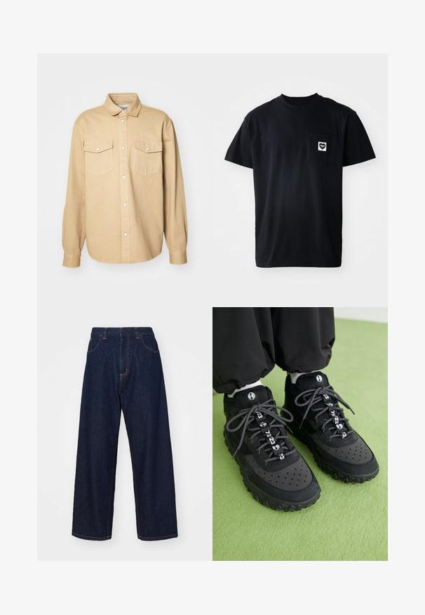 Beige napapaita valmistettu puuvillasta, jossa on klassinen kaulus, kaksi rinta-taskua ja pitkät hihat napillisilla hihansuilla.; Musta puuvillapaita, jossa on pyöreä kaula-aukko, lyhyet hihat ja vasemmassa rinnassa sydämen muotoinen logo valkoisena.; Tummansininen farkkukangas leveälahkeiset housut, joissa on oranssia tikkausta, viisi taskua ja vetoketjukiinnitys. Housut ovat rentoa istuvuutta ja sileää tekstiä.; Musta tennarit sisältävät sekoituksen nahkaa ja verkkomateriaaleja, tekstuurilla varustetun kumipohjan, huomattavat rei'itykset ja kuvioidut nauhat, joissa on numeroita korostavana yksityiskohtana.