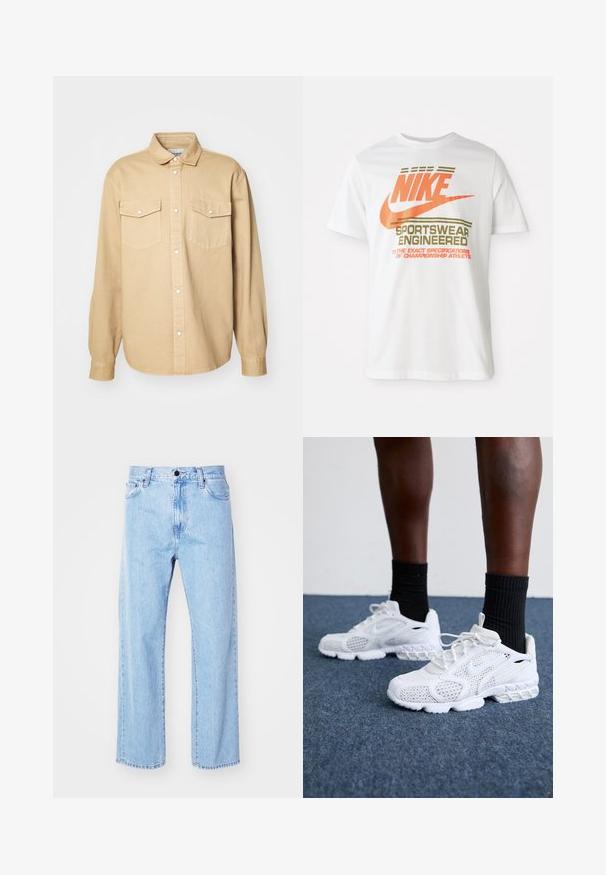 Béžová košeľa na gombíky vyrobená z bavlny, s klasickým golierom, dvoma náprsníkovými vreckami a dlhými rukávmi s gombíkovými manžetami.; Biela bavlnená tričko s veľkým oranžovým logom "NIKE" a zeleným textom, ktorý znie "SPORTSWEAR ENGINEERED" a ďalšími špecifikáciami.; Svetlomodré rifľové nohavice so strihom rovného nohu, vysokým pásom, piatimi vreckami a klasickým zapínaním na gombík a zips.; Biele športové topánky s priedušnou sieťovinou, textúrovanými akcentmi a polstrovanou podrážkou. Kombinované s čiernymi rebrovanými členkovými ponožkami na modrom kobercovom povrchu.