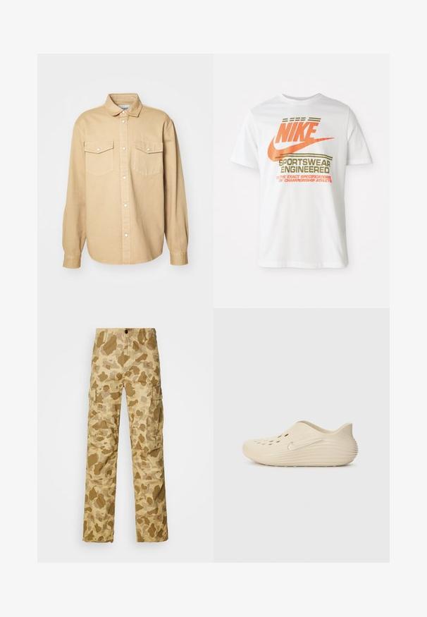 Bež srajca na gumb iz bombaža, s klasičnim ovratnikom, dvema prsnega žepa in dolgimi rokavi z gumbastimi zapenjali.; Bela bombažna majica s velikim oranžnim logotipom "NIKE" in zelenim napisom "SPORTSWEAR ENGINEERED" ter dodatnimi specifikacijami.; Bež hlače s cargo krojem z svetlo rjavim kamuflažnim vzorcem, ki imajo dva stranska žepa in ravno nogo. Teksturo s subtilnimi črtami.; Bež pohodna čevlja z gladko, sijočo površino, ki ima stranske odprtine za prezračevanje in teksturirano, žlebasto peto. Srebrni logotip kot poudarek.