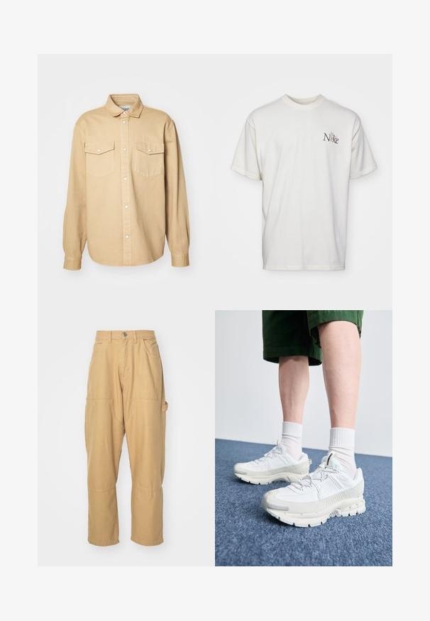Béžová košeľa na gombíky vyrobená z bavlny, s klasickým golierom, dvoma náprsníkovými vreckami a dlhými rukávmi s gombíkovými manžetami.; Biela bavlnená tričko s vyšívaným hnedým logom Nike na ľavej hrudi. Voľný strih s krátkymi rukávmi a okrúhlym výstrihom.; Béžové cargo nohavice vyrobené z bavlneného zmesi. Obsahujú viaceré vrecká, priame nohavice a gombíkový uzáver na páse.; Biele športové topánky s textúrovanými prešívaniami, robustnou podrážkou a sivými akcentami. Nosené s bielymi ponožkami po členky a zelenými šortkami na modrom povrchu.