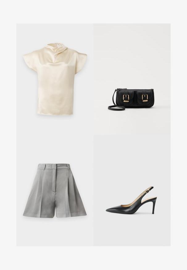 Cremfarbene Satinbluse mit kurzen, schwingenden Ärmeln und einem hohen, drapierten Ausschnitt, ausgestattet mit einem Reißverschluss auf der Rückseite.; Graue Falten Shorts aus glattem Stoff, mit hoher Taille, Fronttaschen und maßgeschneidertem Design mit sauberen Linien.; Schwarze Leder-Slingback-High-Heels mit spitzem Zehenbereich, verstellbarem Riemen und schlankem Stiletto-Absatz, ausgestattet mit einer glatten Oberfläche.; Schwarze Leder-Umhängetasche mit zwei vorderen Taschen, goldenen Schnallen, Reißverschluss und einem schmalen Tragegurt. Texturierte Oberfläche und kompakte rechteckige Form.