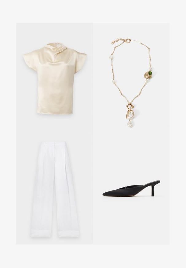Cream satin blouse with short flutter sleeves and a high draped neckline, featuring a back zipper closure.; White linen trousers with a loose fit, featuring a high waist, straight legs, and no visible patterns or hardware. Smooth texture.; Black pointed-toe mule with a sleek design, made of smooth fabric, featuring a slender heel and open back for easy wear.; Gold-tone necklace with twisted links, white pearls, and a green stone accent. Features intricate details and a clasp for fastening.