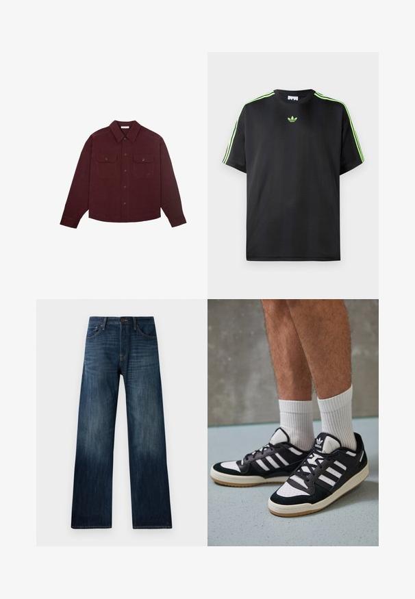 Męska bordowa koszula z długim rękawem, zapinana na guziki, z dwiema przednimi kieszeniami na guziki na piersi oraz z kołnierzykiem w kształcie szpica.; Czarna koszulka z gładkiego materiału z okrągłym dekoltem, z trzema zielonymi paskami na ramionach i małym zielonym logo na piersi.; Ciemnoniebieskie dżinsy z prostymi nogawkami, charakteryzujące się lekką teksturą, szlufkami na pasek oraz klasycznym pięciopocketowym stylem.; Czarno-białe sneakersy z zamszową i skórzaną cholewką, z trzema białymi paskami, perforowanym czubkiem i gumową podeszwą w kolorze gumy.