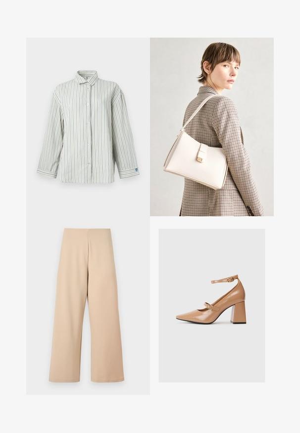 Fehér gombos ing kék függőleges csíkokkal, hosszú ujjakkal, klasszikus gallérral és kis szív részlettel a bal mandzsettán.; Beige színű, bőszárú nadrág, puha anyagból készült, magas derékkal és sima textúrával. Nincsenek látható minták vagy hardver részletek.; Beige lakkbőr magassarkú cipők, hegyes orral, bokapánttal és vastag négyzetes sarkával. Simább textúrával és fényes felülettel.; Fehér bőr táska strukturált dizájnnal, mágneses záródással és vállpánttal, semleges háttér előtt bemutatva.