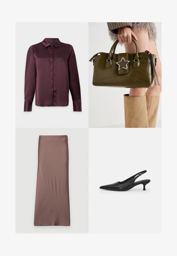 Burgundi satiinipainikkapaita klassikalisella kauluksella, pitkät hihat ja sileä pinta. Edessä nappilista, jossa on yhteensopivat napit.; Ruskea satiinimidi-hame, jossa on sileä rakenne, vartalonmyötäinen siluetti ja vyötärö. Ei näkyviä kuvioita tai koristeita.; Mustan nahkainen slingback-kengät, joissa on terävä nenä ja kapea, kaareva korko. Varustettu huomaamattomalla säädettävällä hihnalla, jossa on metallinen solki.; Vihreä oliivinvärinen mokkanahkainen käsilaukku, jossa on hopeinen tähti koristeena, kaksinkertaiset kahvat ja vetoketjusulku. Teksturoitu pinta ja rakenteellinen muoto.
