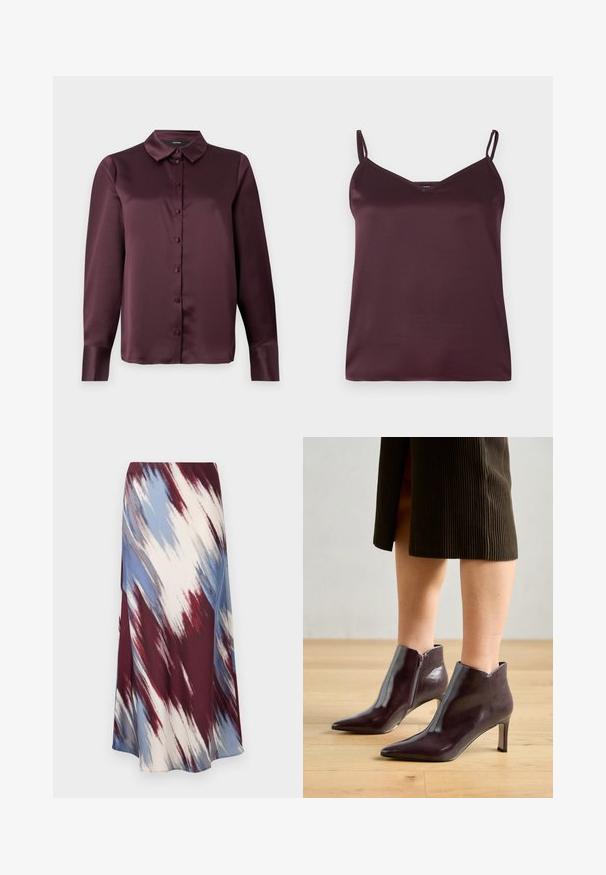 Burgundska satenasta bluza s dugim rukavima, klasičnim ovratnikom i glatkom teksturom. Ima prednji placket s usklađenim dugmadi.; Burgundska satenasta majica na bretele s tankim podesivim trakama i V-izrezom. Glatka tekstura, jednostavan dizajn i bez vidljivih uzoraka ili akcenata.; Duga suknja s dijagonalnim tie-dye uzorkom u burgundcu, plavoj i krem boji, izrađena od mekanog materijala s lepršavim siluetom i blagim sjajem.; Burgundske kožne čizme do gležnja s oštrim vrhom i uskim potpeticama. Imaju bočni patentni zatvarač i glatku, sjajnu površinu.