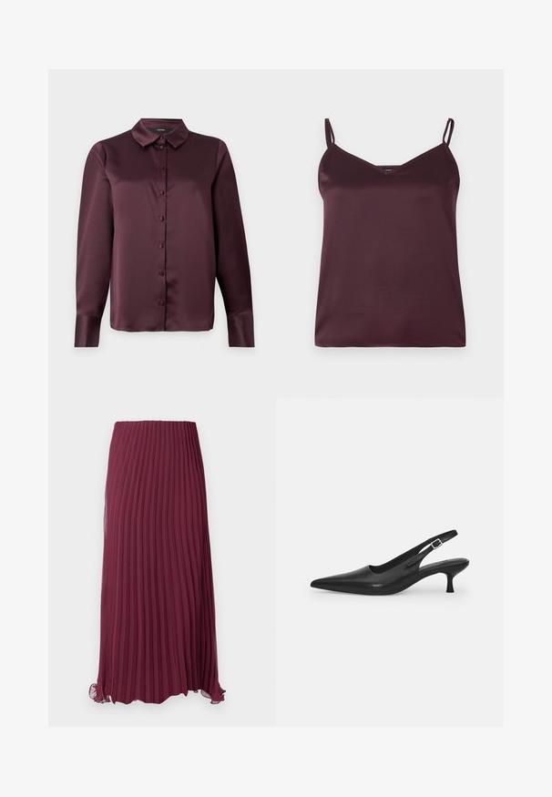 Burgundi selyem gombos blúz klasszikus gallérral, hosszú ujjakkal és sima textúrával. Elöl gombolós pánttal rendelkezik, az azonos színű gombokkal.; Burgundi selyem pántos blúz vékony, állítható pántokkal és V-nyakkivágással. Simább textúra, egyszerű dizájn, nincs látható minta vagy díszítés.; Hosszú bordó pliszírozott szoknya könnyű anyagból, rugalmas derékkal és enyhén fodrozott szegéllyel. Az egész szoknyát texturált függőleges pliszék díszítik.; Fekete bőr szandálcipő hegyes orral és karcsú, ívelt sarokkal. Diszkrét, állítható pánttal rendelkezik, fém csattal.