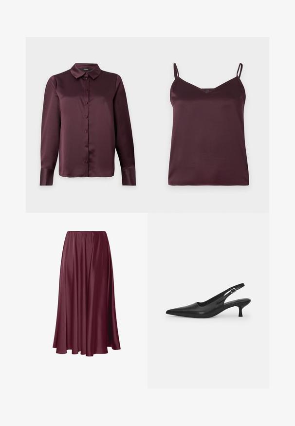 Burgundi selyem gombos blúz klasszikus gallérral, hosszú ujjakkal és sima textúrával. Elöl gombolós pánttal rendelkezik, az azonos színű gombokkal.; Burgundi selyem pántos blúz vékony, állítható pántokkal és V-nyakkivágással. Simább textúra, egyszerű dizájn, nincs látható minta vagy díszítés.; Bordó, padló hosszúságú szoknya sima, fényes anyagból, folyékony kialakítással és rugalmassal rendelkező derékrésszel. Nincsenek minták vagy egyéb díszítések.; Fekete bőr szandálcipő hegyes orral és karcsú, ívelt sarokkal. Diszkrét, állítható pánttal rendelkezik, fém csattal.