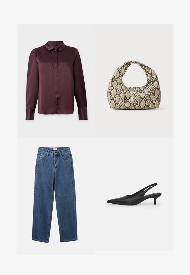 Burgundská saténová košile na knoflíky s klasickým límcem, dlouhými rukávy a hladkým povrchem. Disponuje předním zapínáním s odpovídajícími knoflíky.; Burgundská saténová tílko s tenkými nastavujícími se ramínky a výstřihem do V. Hladký povrch, jednoduchý design a žádné viditelné vzory nebo akcenty.; Klasické modré džíny z denimu se střihy rovné nohy, pěti kapsami a zapínáním na knoflík. Mají střední odstín a odolnou texturu.; Černá kožená nazouvací bota se špičatou špičkou a štíhlým zakřiveným podpatkem. Obsahuje diskrétní nastavitelný pásek s kovovou sponou.; Kabelka s hadím vzorem a zakřiveným držadlem. Vyrobena z texturovaných béžových a hnědých materiálů, s charakteristickým diamantovým vzorem.