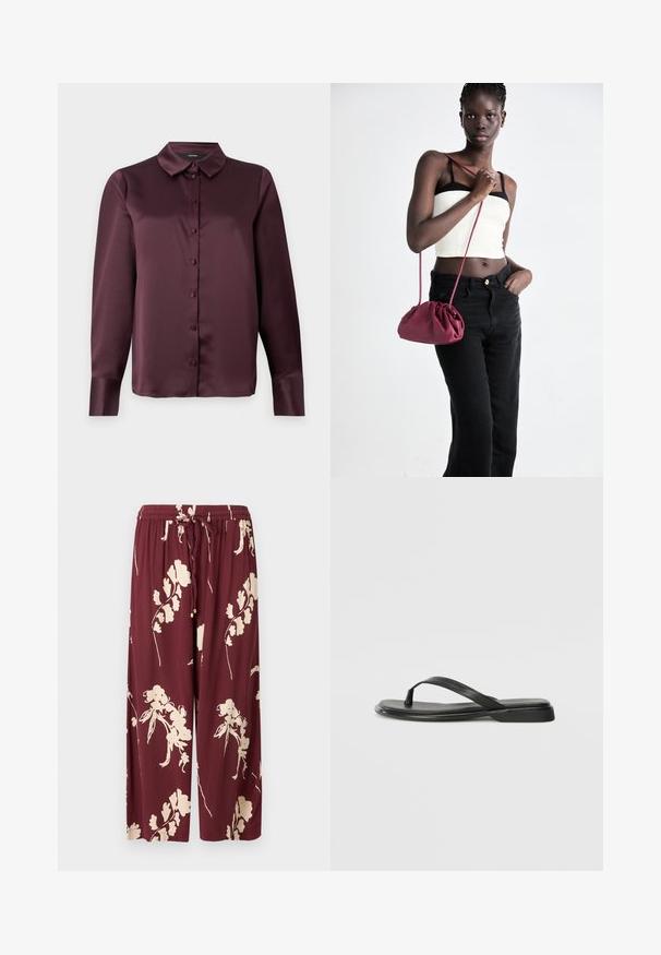 Burgundská saténová blúzka s gombíkmi, klasickým golierom a dlhými rukávmi, s hladkou textúrou. Obsahuje predný pánt s ladiacimi gombíkmi.; Bordové široké nohavice vyrobené z ľahkého materiálu s krémovým kvetinovým vzorom, elastický pás s šnúrkou a dve bočné vrecká.; Čierne šľapky vyrobené z hladkej kože, s tenkým pásikom a plochou podrážkou s minimalistickým profilom. Bez výrazných vzorov alebo akcentov.; Burgundský mäkký kabelka z textilu s zhromaždeným dizajnom a dlhým popruhom, nosená cez telo. Model má na sebe biely crop top a čierne džínsy.