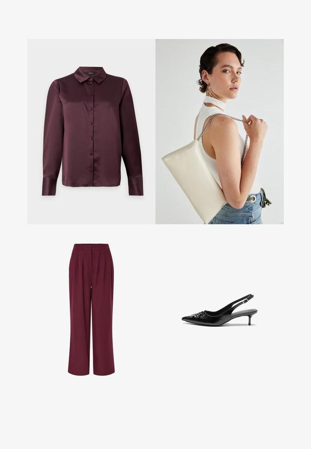 Burgundijas satīna zălīšu blūze ar klasisku apkakli, garām piedurknēm un gludu tekstūru. Iekļauj priekšējo pogu rindas ar saskanīgām pogām.; Platas kājas bikses burgundijas krāsā, ar priekšējiem izšuvumiem un elastīgu jostasvietu. Gluda tekstūra, pilnas garuma dizains.; Melni ādas sandales ar norādītu pirkstu, mazu kaķa papēdi un dekoratīvu mezglu detaļu priekšā. Gluda tekstūra visā virsmā.; Balts taisnstūra clutch soma, izgatavota no spīdīga materiāla, ar sudraba ķēdes siksnu. Modelis pozē, demonstrējot somu uz vienkārša fona.