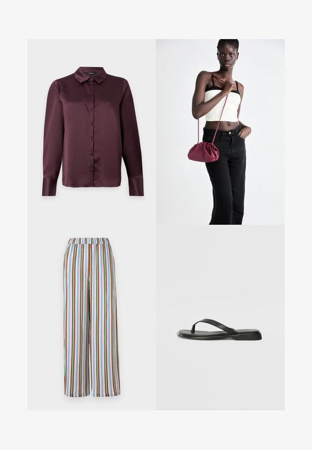 Burgundy satin button-up blouse with a classic collar, long sleeves, and a smooth texture. Features front placket with matching buttons.; Striped wide-leg pants with an elastic waistband. Features colorful vertical stripes in blue, red, green, and white on a lightweight fabric.; Black flip-flop made of smooth leather, featuring a thin strap design and a flat sole with a minimal profile. No notable patterns or accents.; Burgundy soft fabric handbag with a gathered design and a long strap, worn crossbody. Model wears a white crop top and black jeans.