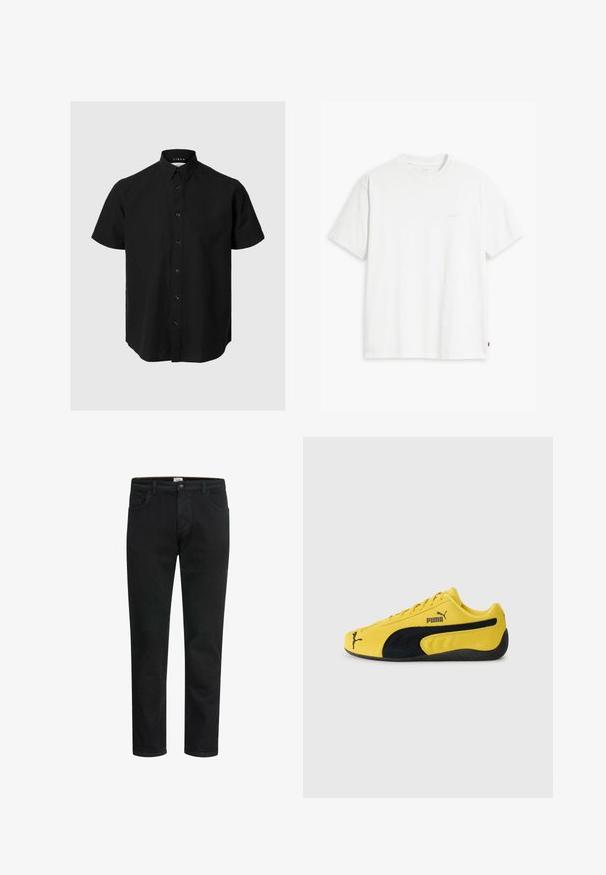 Zwart kortom mouw shirt met knoopjes, gemaakt van linnen, met een klassieke kraag, knopen aan de voorkant en een rechte zoom. Gladde textuur.; Witte katoenen T-shirt met korte mouwen, ronde hals en subtiele Levi's logo gedrukt in het midden. Zachte textuur en standaard pasvorm.; Zwarte denim jeans met een rechte snit, voorzien van een knoop- en ritssluiting, vijf zakken en minimale stikseldetails.; Geel suède sneaker met zwarte suède accenten. Voorzien van een gestructureerde zool, vetersluiting en het Puma-logo aan de zijkant en op de tong.
