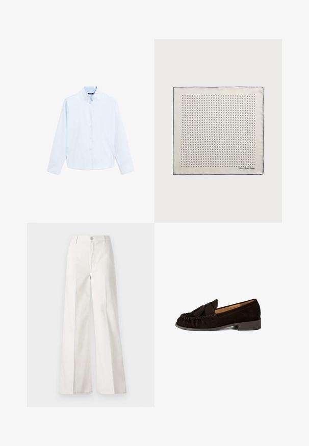 Lyseblå skjorte med lange ærmer og mandarin-krave, knaplukning foran og glat bomuldsstruktur. Simpelt design, uden mønstre eller detaljer.; Hvide vidde bukser lavet af bomuld med en glat tekstur. Har en frontknap, lynlås, og fire-lomme design.; Brune ruskinds mokkasiner med rund tå, plisseret detaljer og en lille kvast-accent. Har en lav, let hævet hæl.; Selsjal i cremefarve med en marineblå kant, der har jævnt fordelte marineblå prikker, som danner et mønster. Signatur trykt i hjørnet.