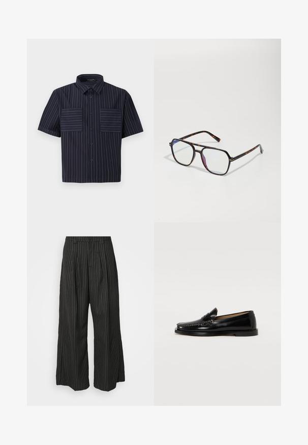 Košile s krátkým rukávem v tmavě modré látce s bílými vertikálními pruhy. Obsahuje klasický límeček a dvě náprsní kapsy s horizontálními pruhy.; Černé široké kalhoty s pruhy a sklady, s propracovaným střihem a jemnou texturou. Žádné viditelné kovové díly ani akcenty.; Černé kožené mokasíny s kulatou špičkou, dekorativním prošíváním a plochou podrážkou. Hladký povrch a minimalistický design.; Brýlové obruby s želví vzorem, čtyřúhelníkového tvaru, s transparentními skly a tenkými kovovými akcenty na rámu.; Stříbrné nerezové hodinky s texturovaným náramkem a kulatým ciferníkem. Mají bílý číselník, černé číslice hodin a korunku po straně.