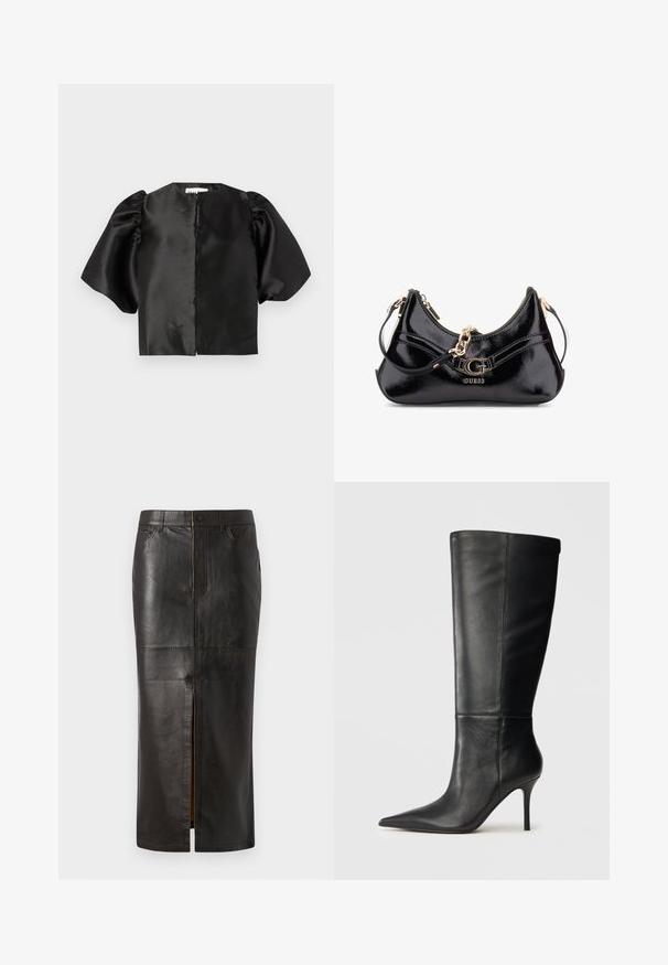 Juodas satino trumpas viršus su pūstomis trumpomis rankovėmis ir priekiu atviru dizainu. Lygus tekstūros paviršius su blizgiu finišu, minimalizmo stiliaus.; Juodas odinis midi sijonas su elegantišku dizainu, turintis priekinį užtrauktuką, dvi šonines kišenes ir lygią, tekstūruotą apdailą.; Juodos odinės iki kelių botai su smailiu nosiu ir siauru stiletto kulnu, lygi tekstūra, šoninis profilis neutralioje fone.; Juodas lakinės odos maišelis su išlenktu dizainu, auksiniais aksesuarais ir ryškiu logotipu. Komplektuojamas su nuimamu peties diržu.
