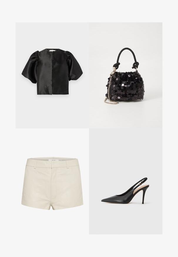 Juodas satino trumpas viršus su pūstomis trumpomis rankovėmis ir priekiu atviru dizainu. Lygus tekstūros paviršius su blizgiu finišu, minimalizmo stiliaus.; Smėlio spalvos odinės šortai su lygiu paviršiumi, turintys prigludusią taliją, diržo kilpas ir subtilius priekinio siuvimo elementus. Paprastas, šiuolaikiškas dizainas.; Juoda odinė slingback aukštakulnė batai su smailiu pirštu, glotnia tekstūra ir delikatia juosta su metaline sagtimi.; Juodas blizgučių mini rankinukas su mazguotu tekstūruotu dirželiu ir sidabro grandine. Suapvalinta forma su susiraukšlėtopu ir atspindinčiomis detalėmis.