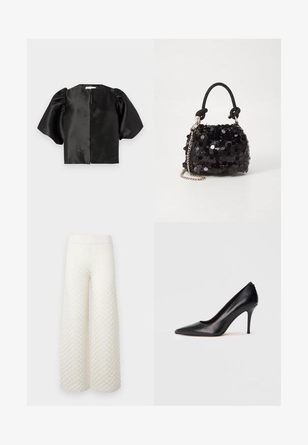 Top scurt din satin negru, cu mâneci scurte puffate și deschidere frontală. Textură netedă cu un finisaj lucios, design minimalistic.; Pantaloni largi de culoare crem, cu un model texturat matlasat, talie elastică și un material neted cu un luciu subtil.; Pantof cu toc înalt din piele neagră, cu vârf ascuțit, textură netedă și design elegant. Are un toc subțire și înălțat și un front decupat adânc.; Geantă mini neagră cu paiete, cu un umar texturat înnodat și un lanț argintiu. Formă rotundă cu partea de sus adunată și detalii reflectorizante.