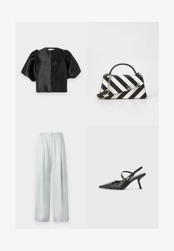 Fekete szatén cropped felső puffos rövid ujjakkal és elöl nyitott kivágással. Sima textúra, fényes felület, minimalista dizájn.; Világosszürke, bővérű nadrág sima textúrával, elöl gombos záródással és plissé díszítéssel.; Fekete bőrszíjjal ellátott magassarkú cipő, hegyes orral, karcsú sarkával és díszes csattal a vamp részén. Simás textúra és elegáns dizájn.; Fekete-fehér csíkos kézitáska, strukturált formával, felső fogantyúval, leválasztható lánc pánttal és fémes logóval.