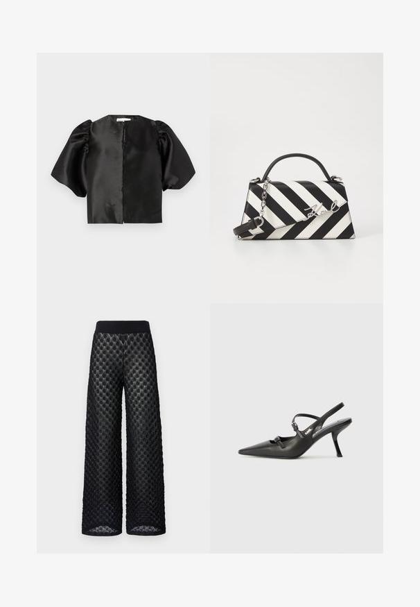Top scurt din satin negru, cu mâneci scurte puffate și deschidere frontală. Textură netedă cu un finisaj lucios, design minimalistic.; Pantaloni largi negri cu un model texturat, matlasat, având un talie elastică, netedă, oferind un aspect stratificat și respirabil.; Pantofi cu toc slingback din piele neagră, cu vârful ascuțit, toc subțire și detaliu decorativ cu cataramă pe partea din față. Textură netedă și design elegant.; Geantă cu dungi alb-negru, cu o formă structurată, având un mâner superior, o curea din lanț detașabilă și un accent metalic cu logo.
