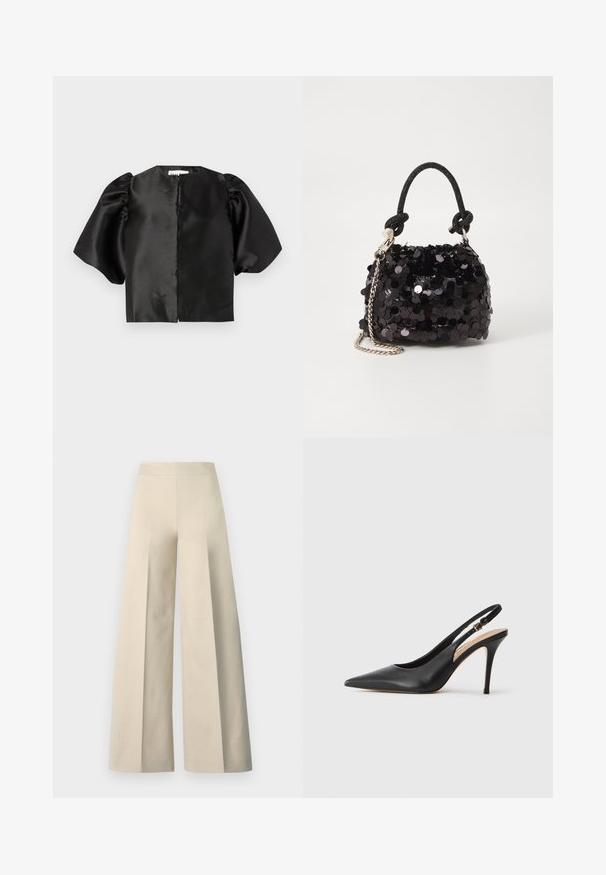 Svart sateng cropped topp med puffede korte ermer og åpning foran. Glatt tekstur med en glossy finish, minimalistisk design.; Beige vide benbukser med en glat tekstur, højt liv og dybe folder ned foran. Har en bred og svævende pasform.; Svart lær slingback høye hæler med spiss tå, glatt tekstur og en delikat stropp med en metallisk spenne.; Svart paljettmini-veske med en knyttet teksturert stropp og sølvkjede. Rund form med samlet topp og reflekterende detaljer.