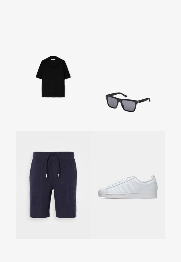 Sort kortærmet skjorte med knapper lavet af tekstureret stof. Har en camp-krave og lige kant, med fem forreste knapper.; Marineblå shorts med et tekstureret mønster, elastisk talje og snøre lukning. Har en afslappet pasform og længde over knæene.; Hvide lædersneakers med en struktureret gummitoekappe, tre sidelængdebånd og en polstret krave. Flade hvide snørebånd og et minimalistisk design.; Sorte rektangulære solbriller med mørke linser, en mat overflade og logo detaljer på stængerne. Designet har lige kanter og tykke stel.