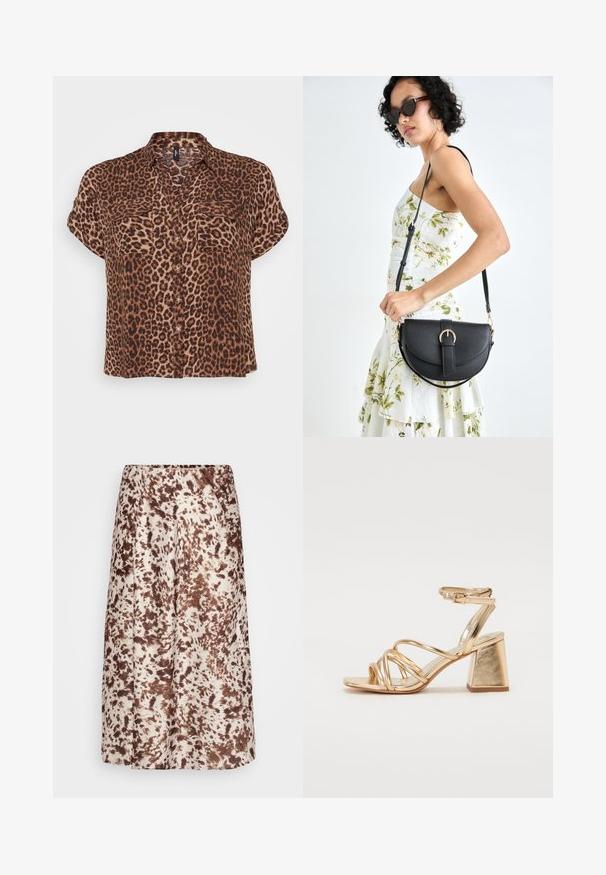 Brun og tan leopardmønstret kortermet bluse, med to brystlommer, knapplacket front og en avslappet passform.; Mid-length skjørt laget av glatt stoff, med en kremfarget bakgrunn og brune, sprut-lignende mønstre. Elastisk midje for komfort.; Gyldne metalliske hæle-sandaler med en strappy design, kvadratisk blokhælhæl og justerbar ankelrem med spænde. Glat tekstur.; Svart lærveske med en buet form, avtagbar stropp og gullbeslag. Vesken har et klaff med spenne-detall.